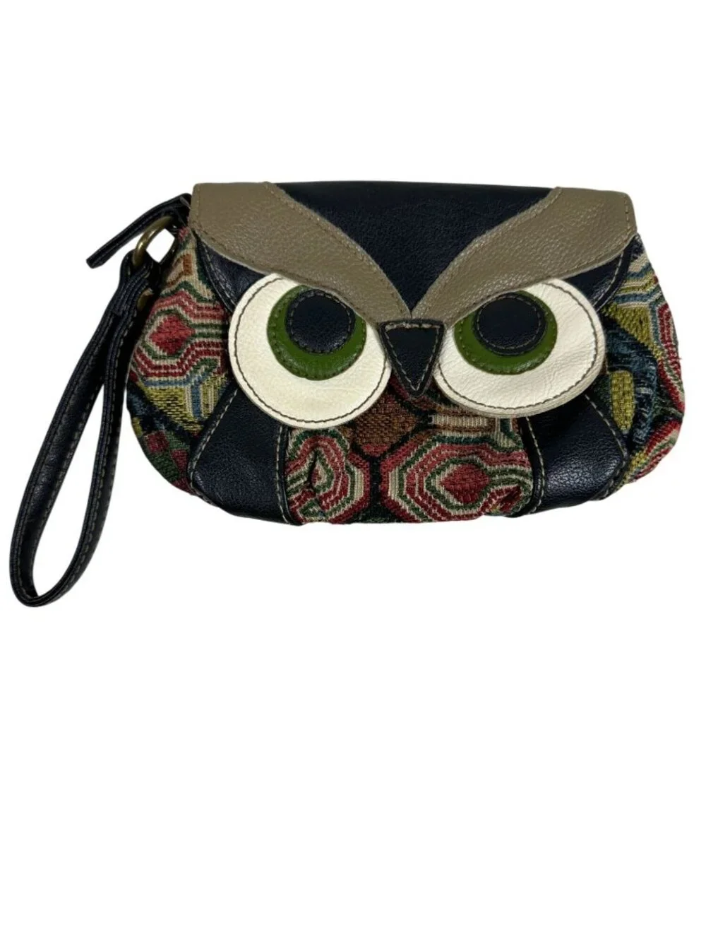 Owl-Themed Wristlet Clutch Tapestry Design Faux Leather Accents Multicolor
